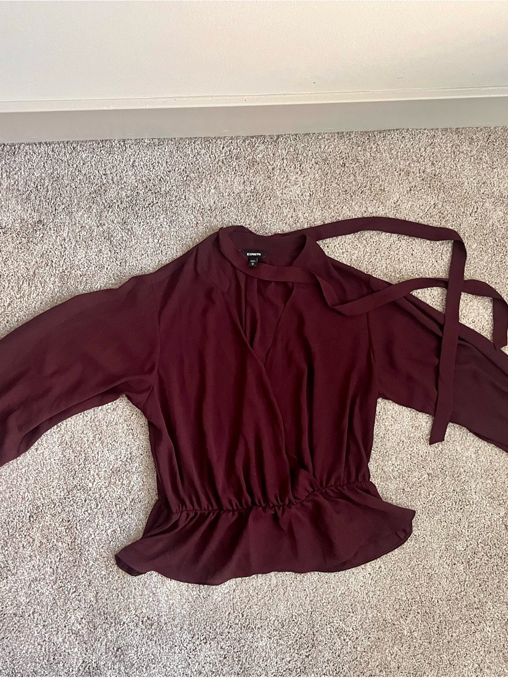 Express Burgundy Tie-Neck Peplum Top